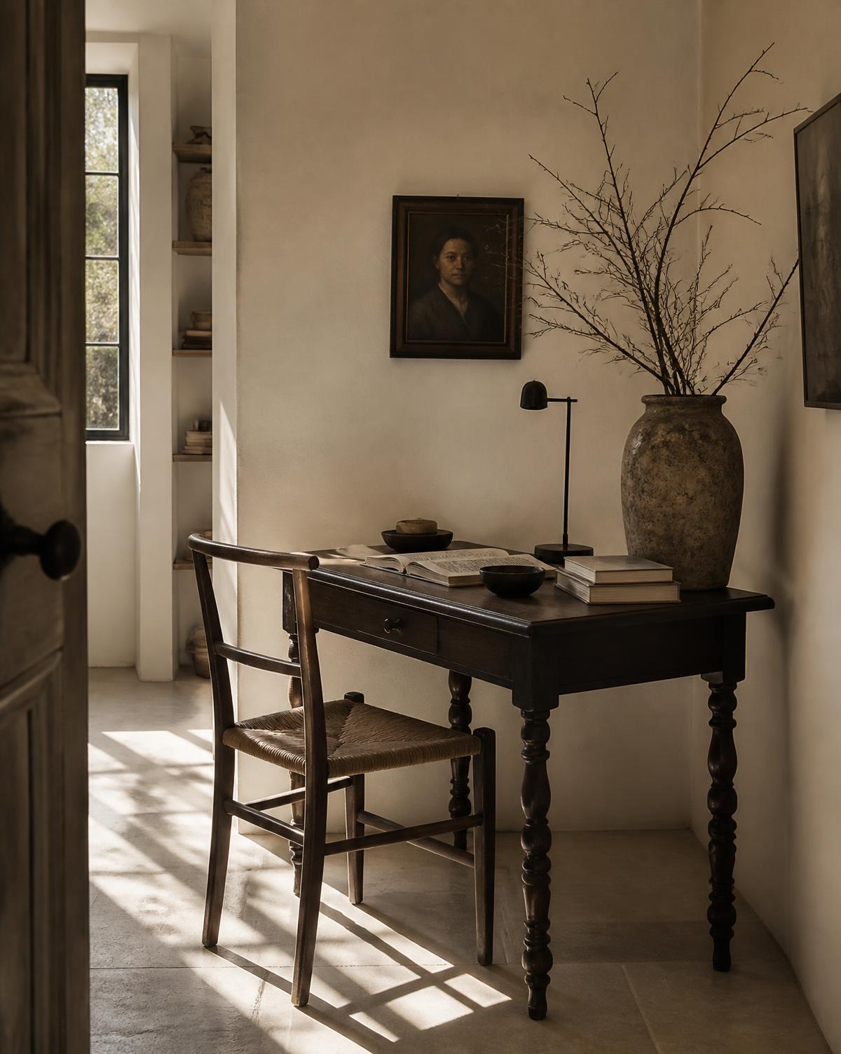 Quiet study nook with plaster walls, dark timber desk and morning light