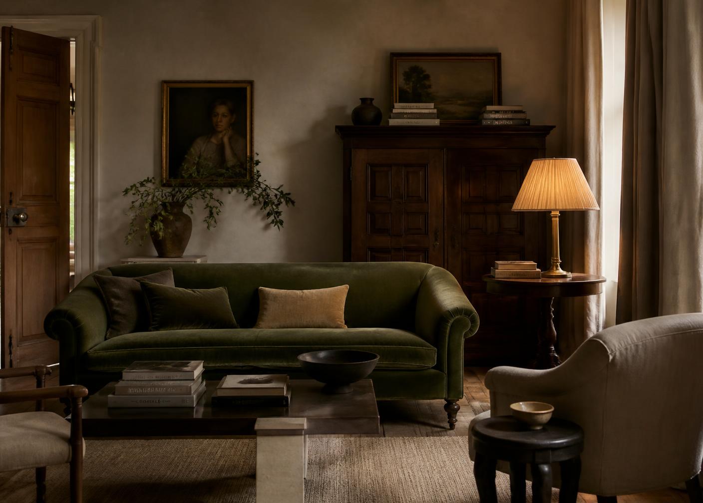 Layered sitting room with olive velvet sofa and warm lamplight