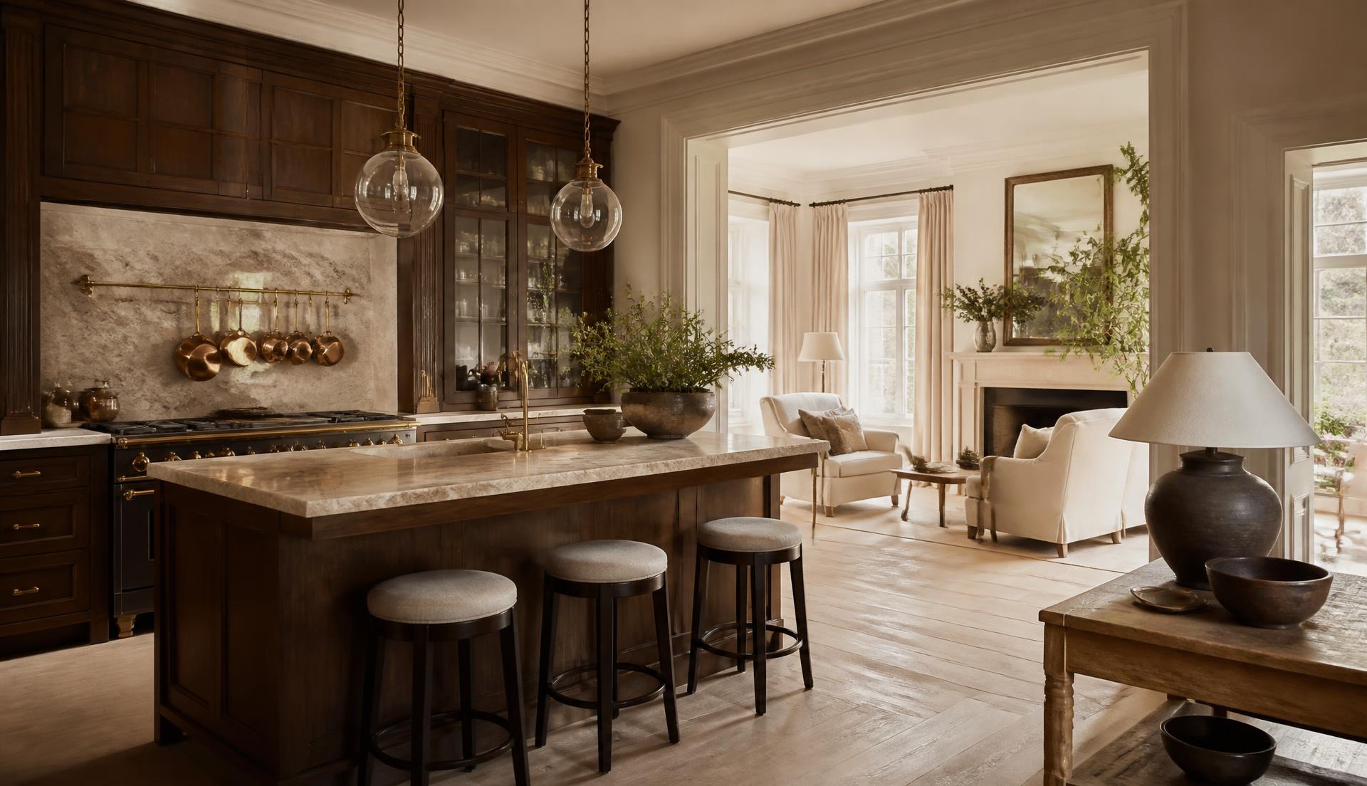 Warm bespoke kitchen opening into a light-filled sitting room